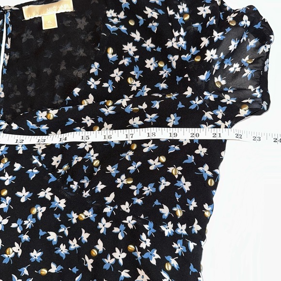 Michael Kors Black Floral V-Neck Dress XL Blue White Gold Detail Short Sleeve - Picture 8 of 9